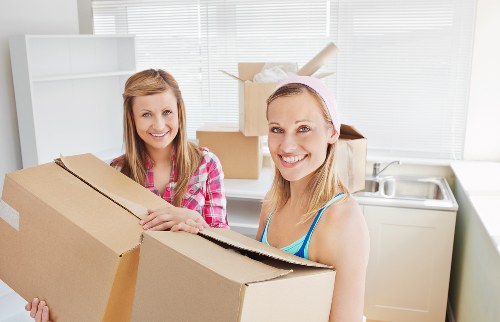 Two smiling women with light skin and long hair are holding large cardboard boxes during a house relocation in a bright, modern kitchen in Wandsworth, close to SW, London. The woman on the left has straight, light brown hair and is wearing a pink plaid shirt, while the woman on the right has blonde hair tied back with a pink headband and is dressed in a blue tank top. They are standing near a stainless steel sink and a window with horizontal blinds, with several open, slightly crumpled cardboard boxes stacked around them, some filled with household items. The environment appears well-lit with natural daylight, and the scene captures a moment of packing or unpacking during a residential move, reflecting the typical work of Wandsworth Man with Van’s removals service focusing on household relocation and sustainable moving practices in southwest London.